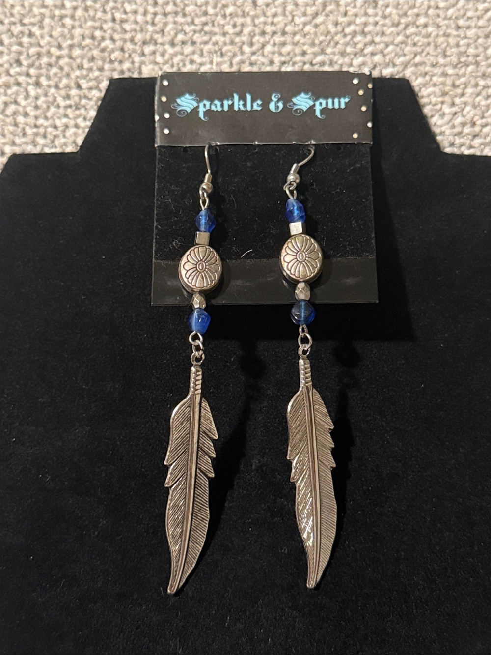 Silver Feather Drop Earrings with Blue Beads